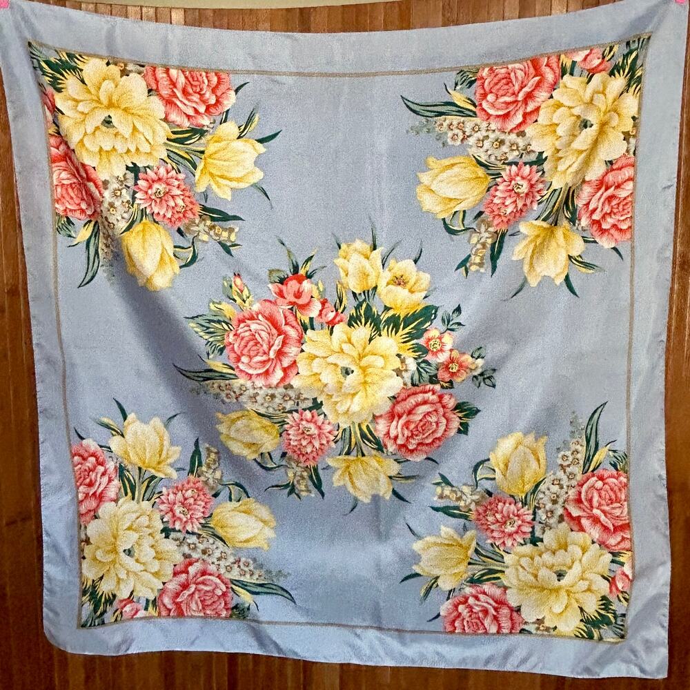 Vintage 60s Silk Floral Scarf Powder Blue Yellow Roses Large 31x31 Mint